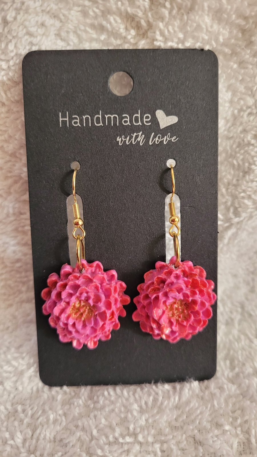 Handmade Polymer Clay Large Pink Flower Earrings.  316 Surgical Stainless Steel