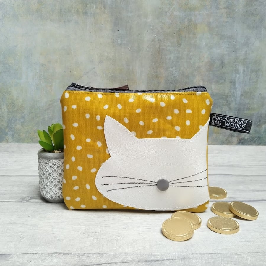 Oilcloth Cat Motif Purse or Small Makeup bag (Mustard)