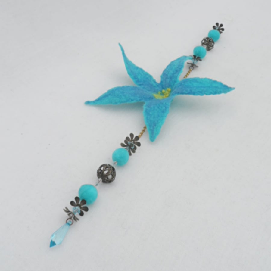 Turquoise felted flower hanging decoration