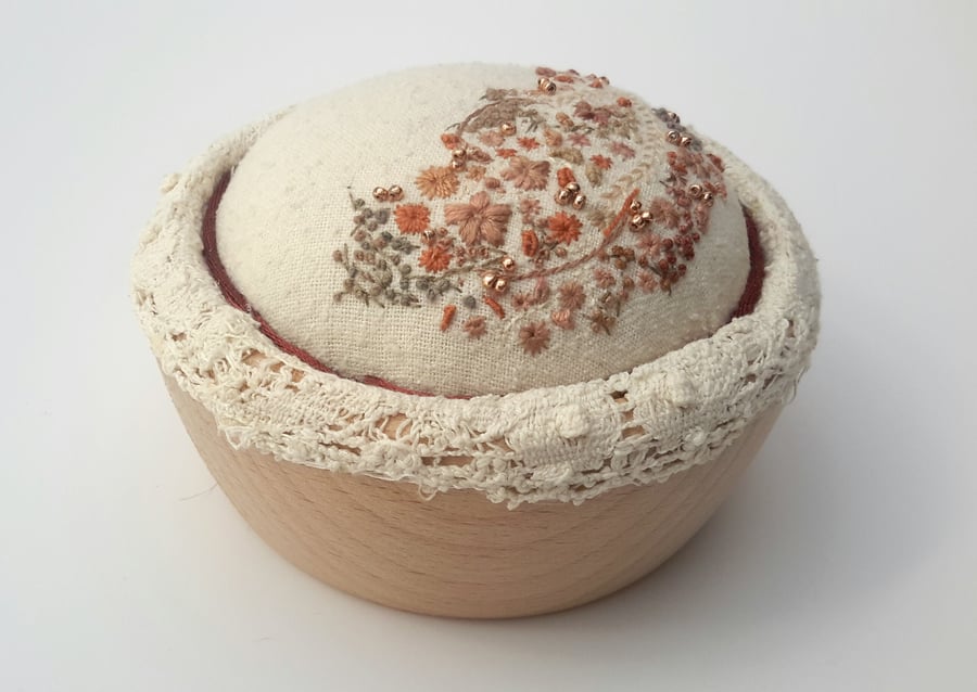 Hand Embroidered Pincushion, hand sewn pin cushion in wooden bowl, Sewing room 