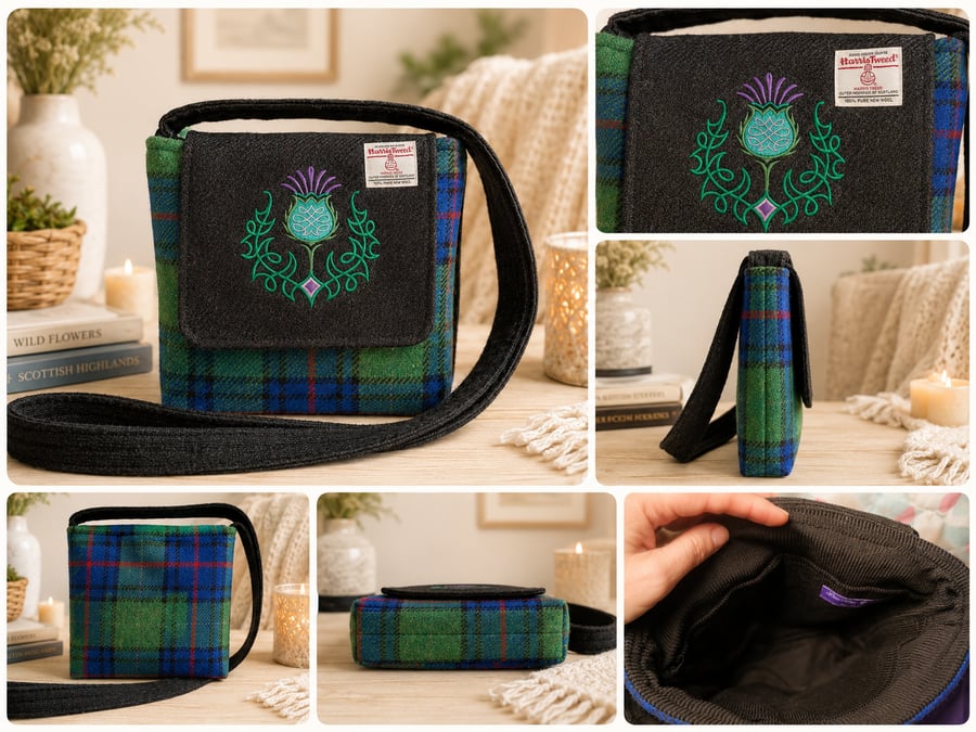 Harris Tweed Tartan Crossbody Bag with Thistle 