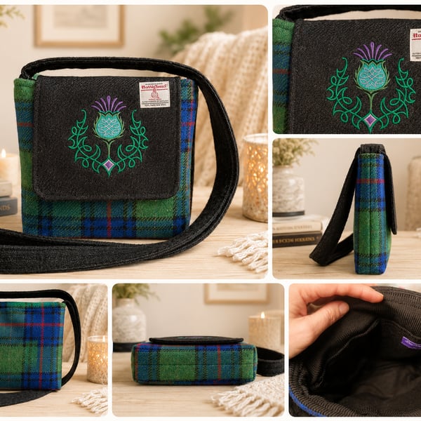 Harris Tweed Tartan Crossbody Bag with Thistle 