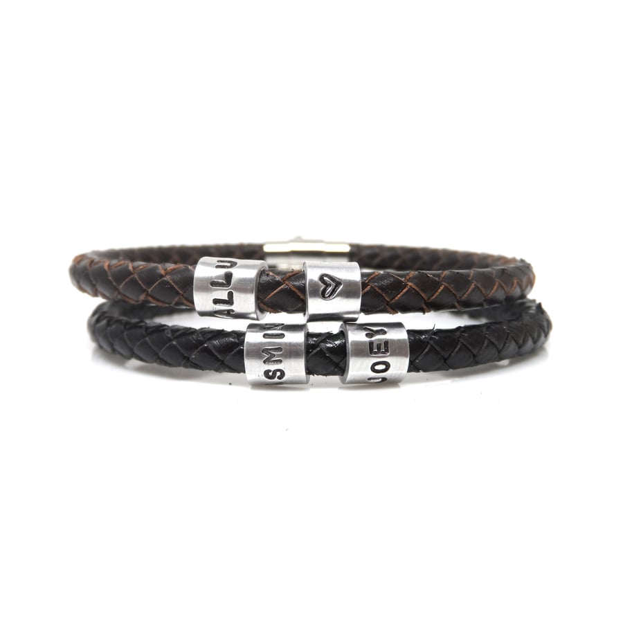 Personalised Leather Bracelet with Two Hand Stamped Rings - Free Delivery