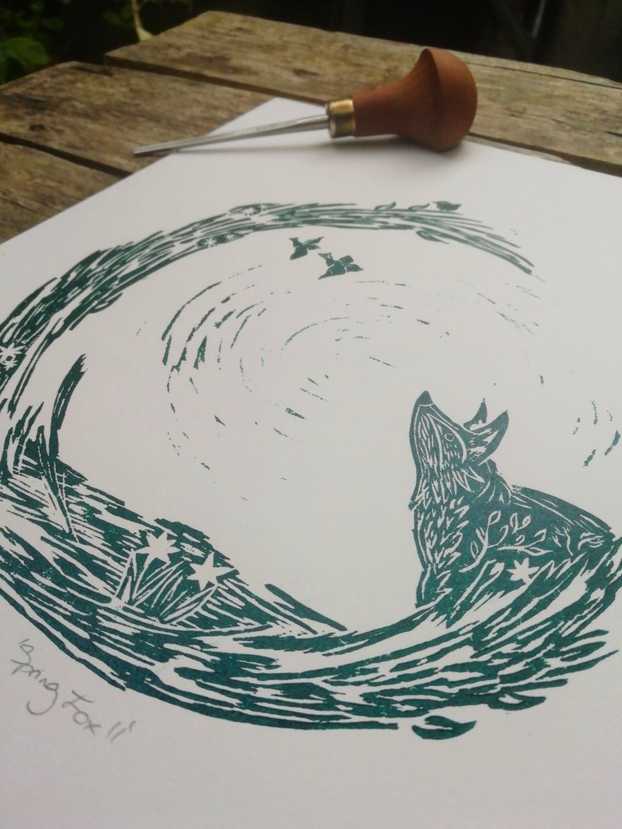 ‘Spring Fox’ Print – Original handmade linocut print A4 by Kathryn.Prints