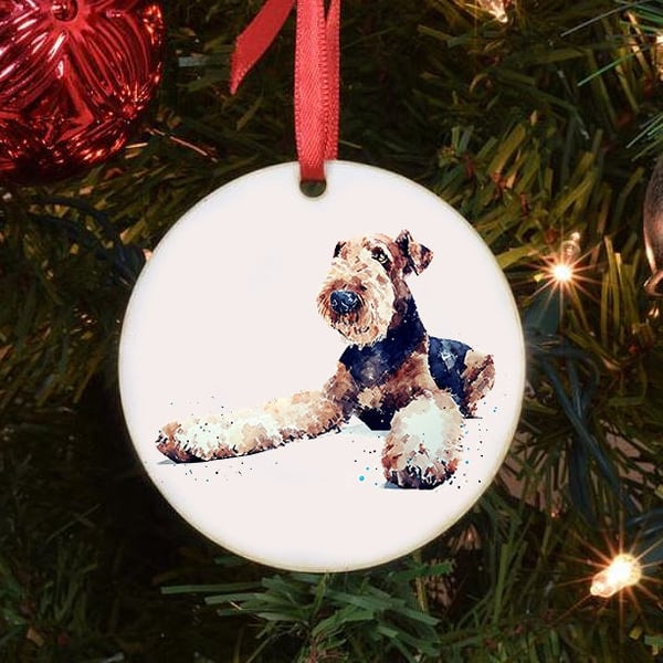 Airedale Terrier III Ceramic Circle Tree Decoration.Airedale Terrier Xmas Tree D
