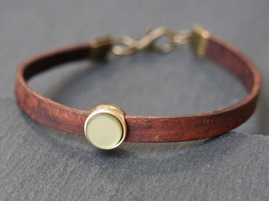 Leather bracelet - dark brown olive antique gold