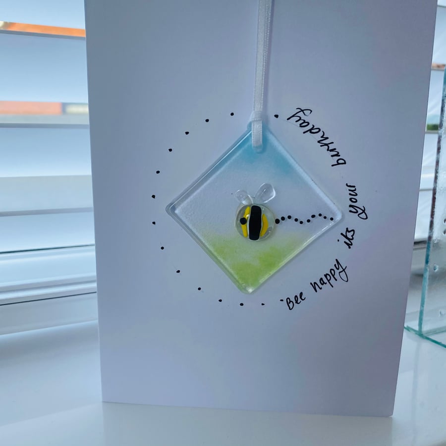 Happy birthday “bee” happy fused glass keepsake card 