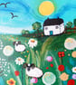 Whimsical Landscape Painting Folk Art, Countryside Artwork with Sheep and Meadow - Image 7