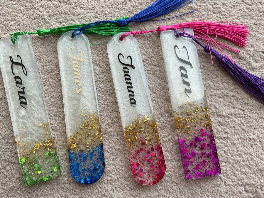 Personalised name resin gold leaf bookmark page holder 