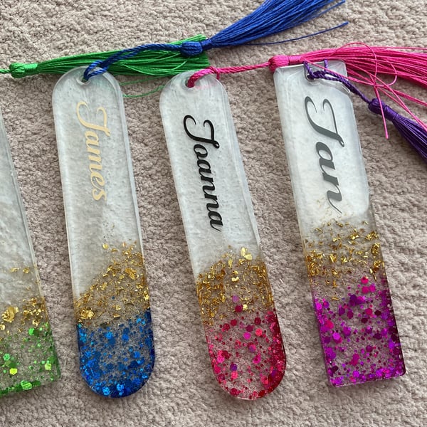 Personalised name resin gold leaf bookmark page holder 