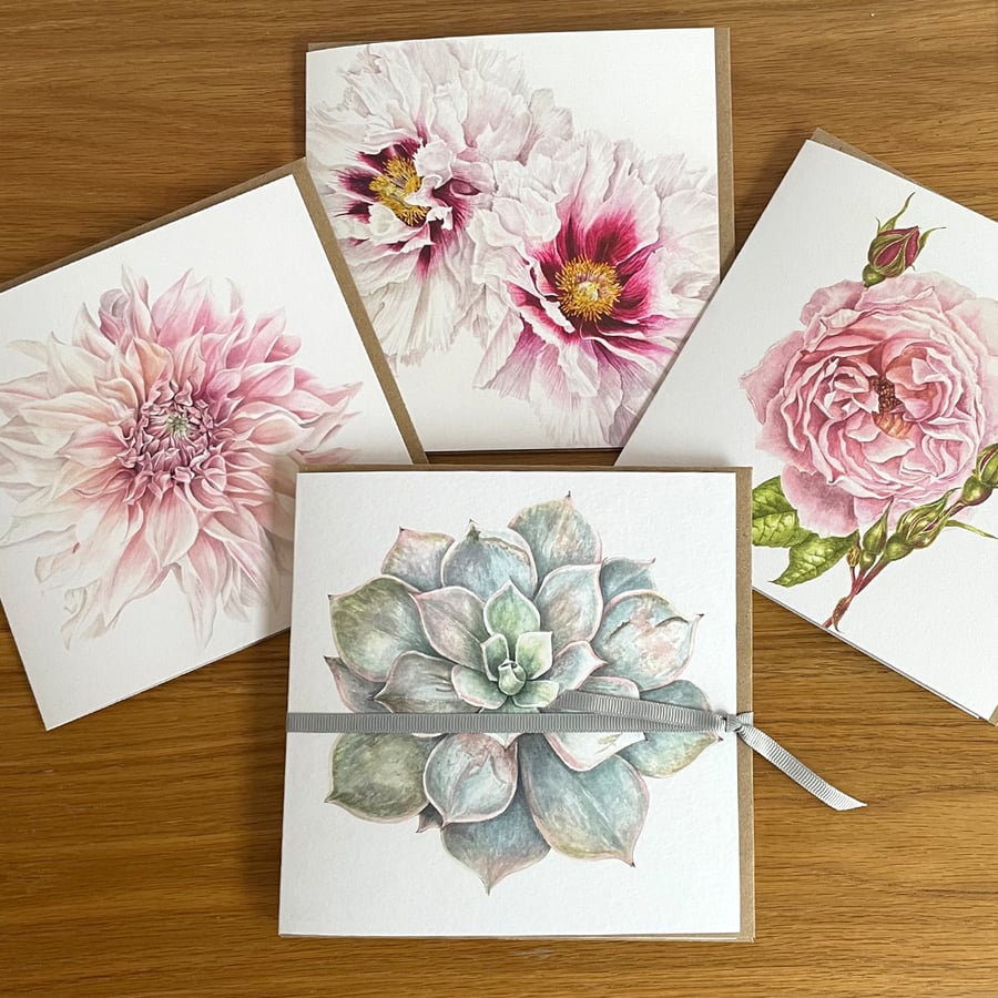 Floral Botanical Art Cards Set of four with Succulent, Dahlia, Rose and Peonies