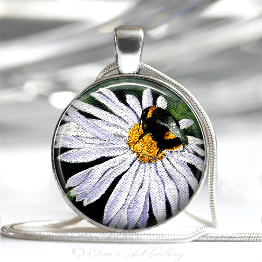 Silver Plated Bumble Bee on Flower Art Pendant Necklace