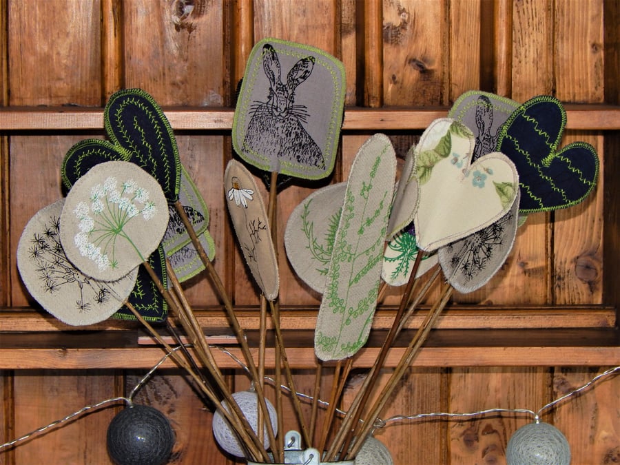 Willow and fabric - Screen printed  - Hares and wild flowers - Mothers Day