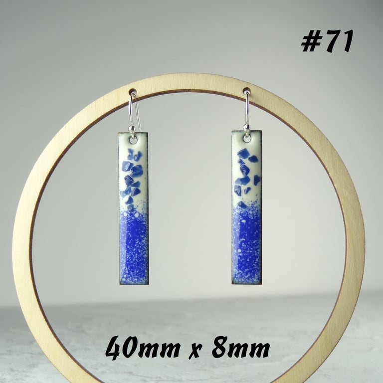 Blue glass enamelled copper drop earrings 40mm x 8mm, sterling silver (71)