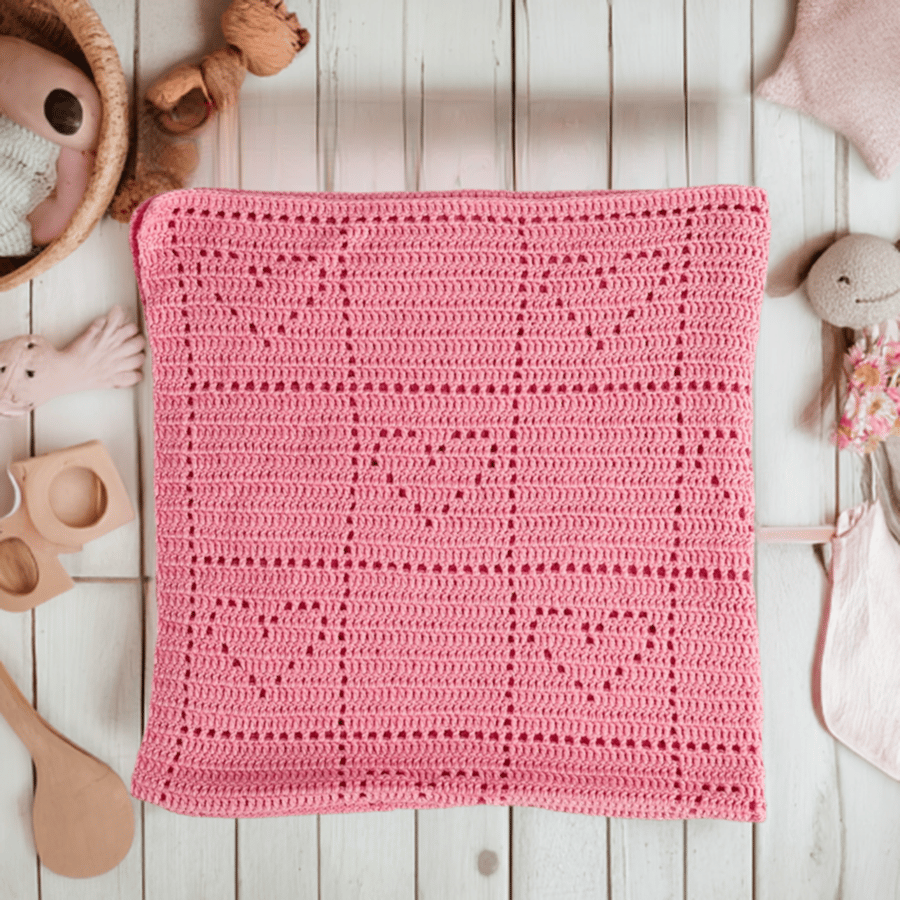 Girls Pink Crochet Baby Cot Blanket – Soft, Breathable, and Lightweight 