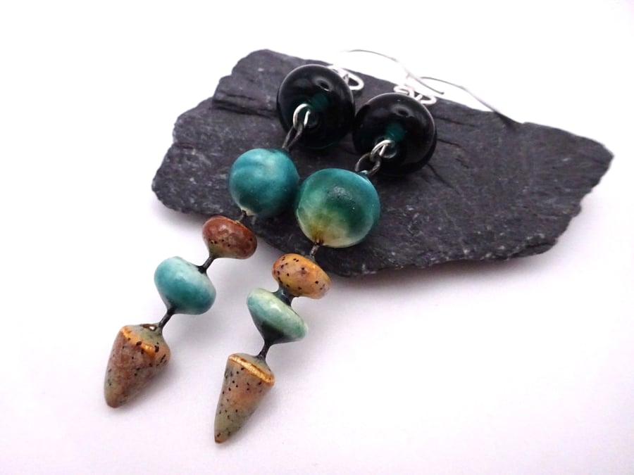 teal lampwork glass ceramic earrings