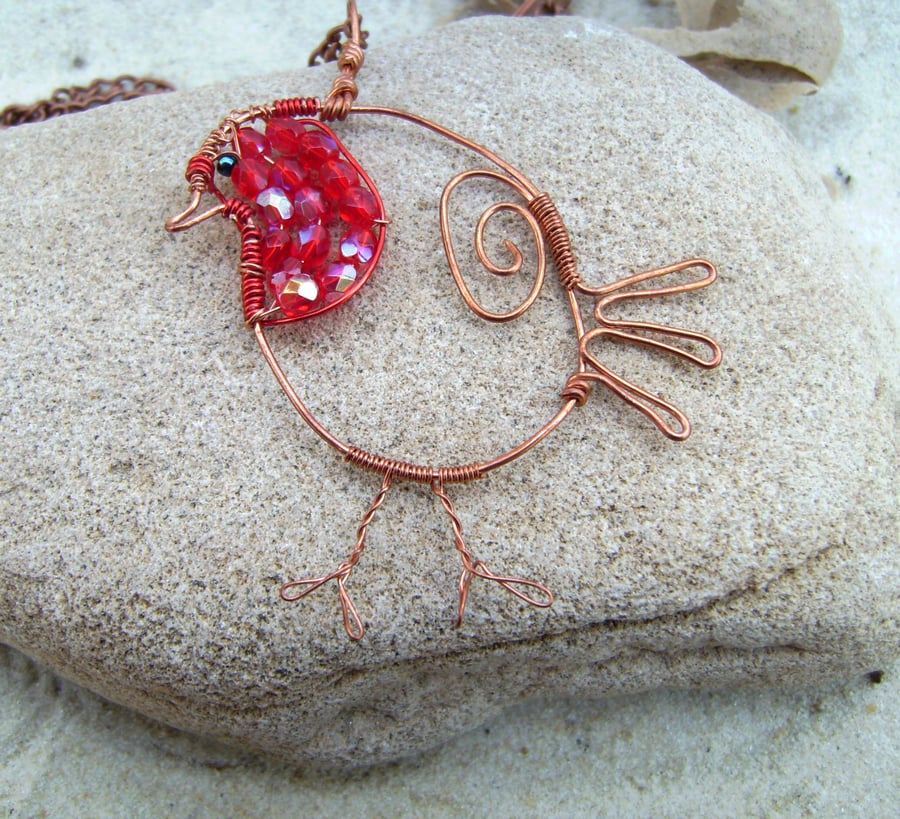  Red Robin Copper & Crystal Pendant Necklace