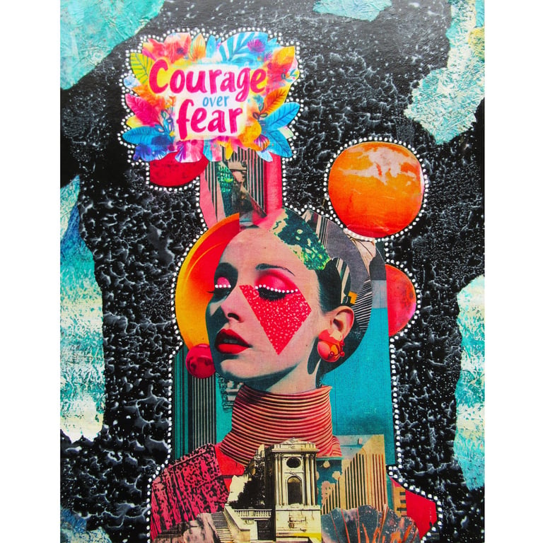 Inspirational Pop Art Female Portrait Courage Over Fear Cosmic Retro Aesthetic