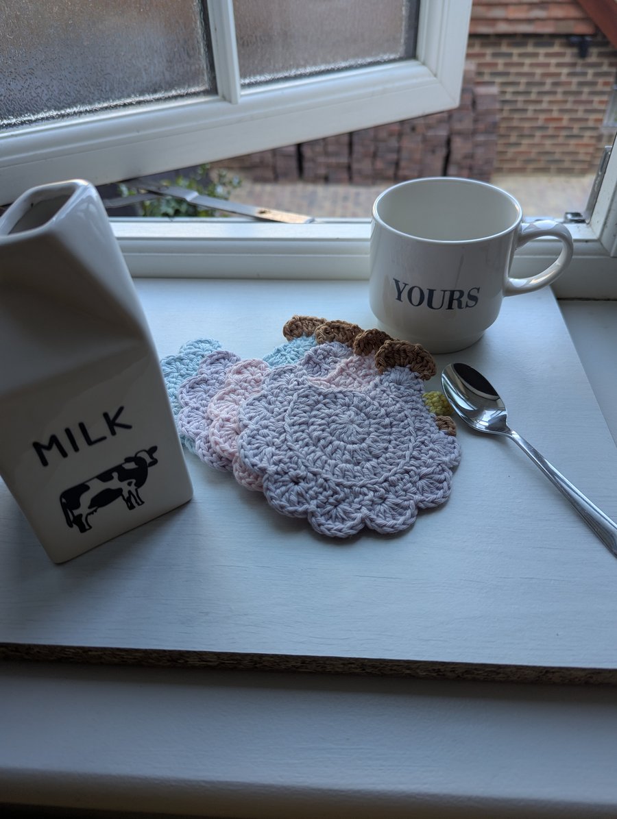 Crochet Pastel chicken coasters 