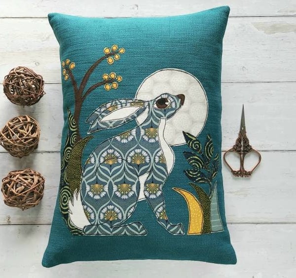 Moongazing Hare Cushion with Freemotion Sewn Applique
