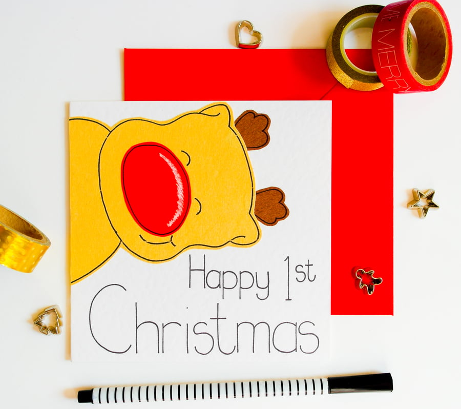 First Christmas Card, Happy 1st Christmas Card, Cute Reindeer 1st Christmas