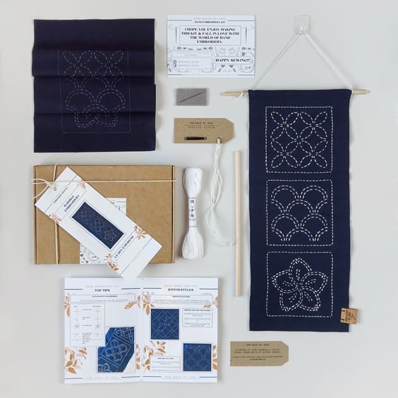 Beginners Sashiko Hand Embroidery Kit, Sashiko Wallhanging Kit, Craft Kit
