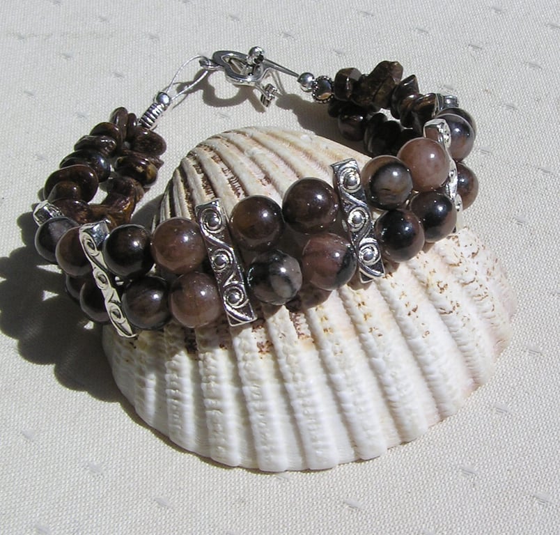 Staurolite & Brown Bronzite Gemstone Beaded Bracelet 