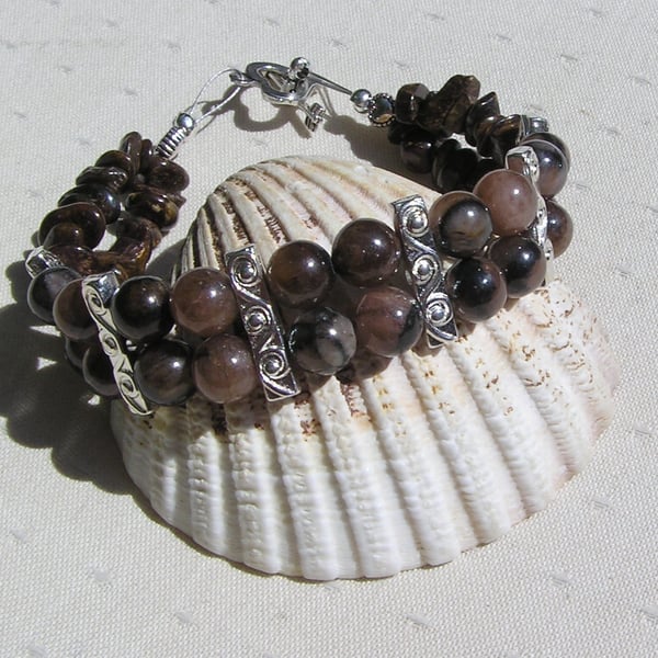Staurolite & Brown Bronzite Gemstone Beaded Bracelet 