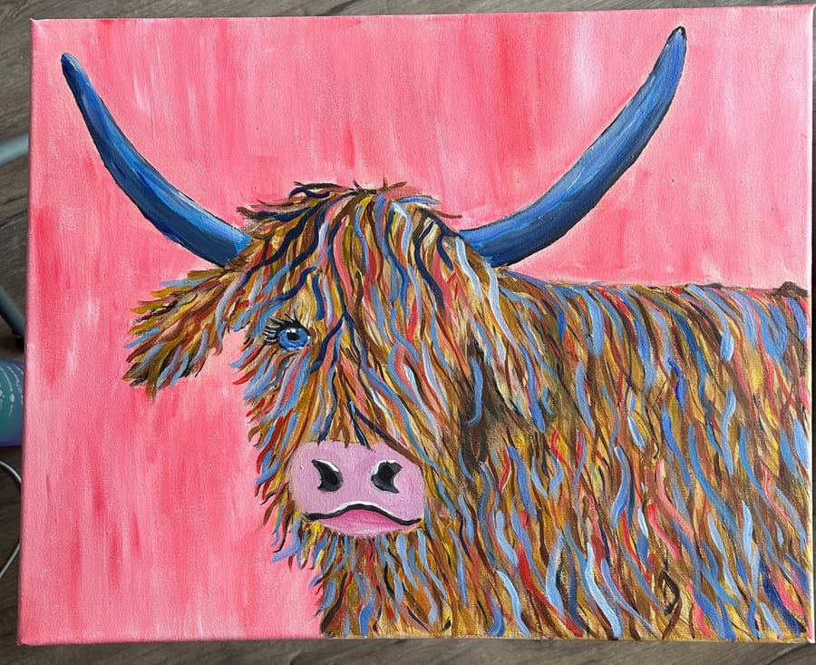 Colourful highland cow. Original acrylic paint 20" x 16"