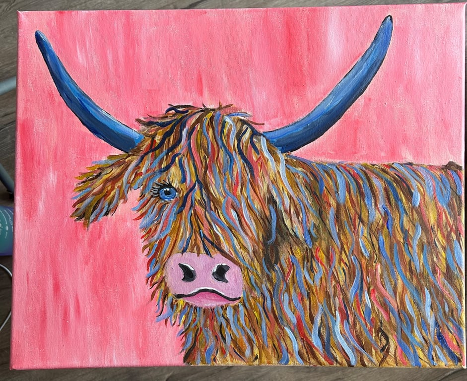 Colourful highland cow. Original acrylic paint 20" x 16"