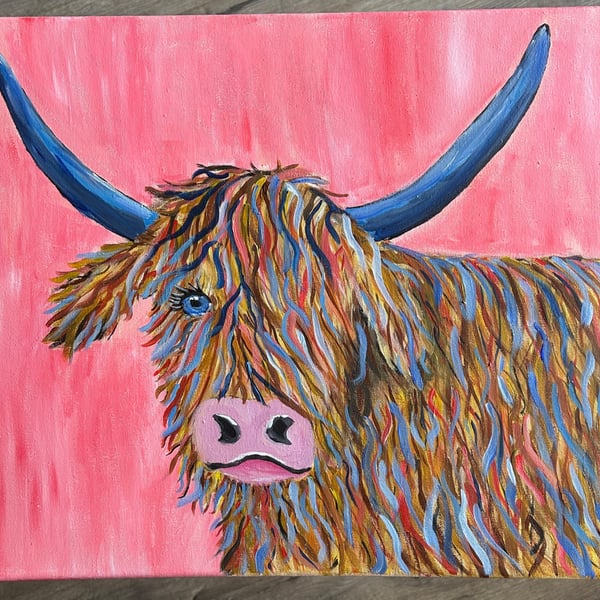 Colourful highland cow. Original acrylic paint 20" x 16"