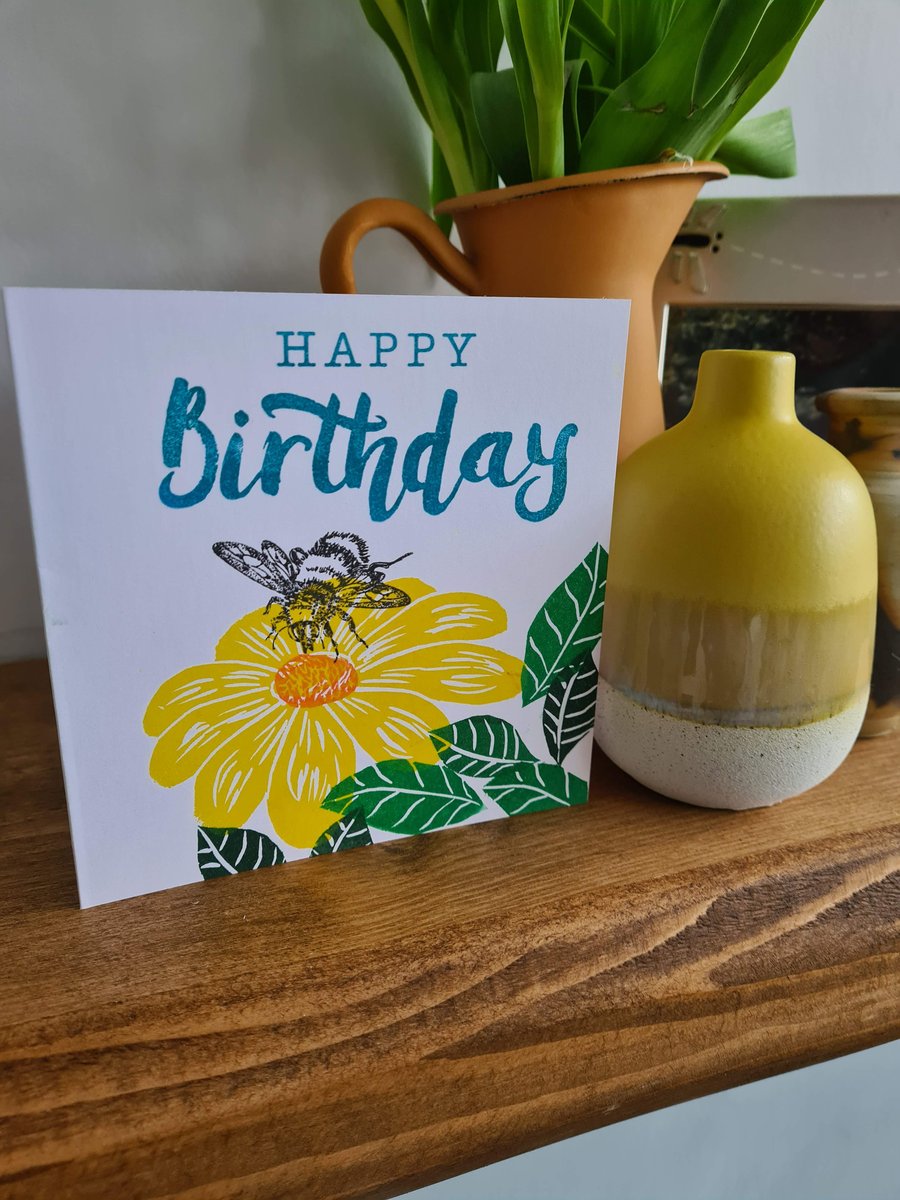 Bee theme birthday card handprinted