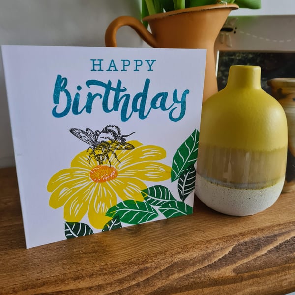 Bee theme birthday card handprinted