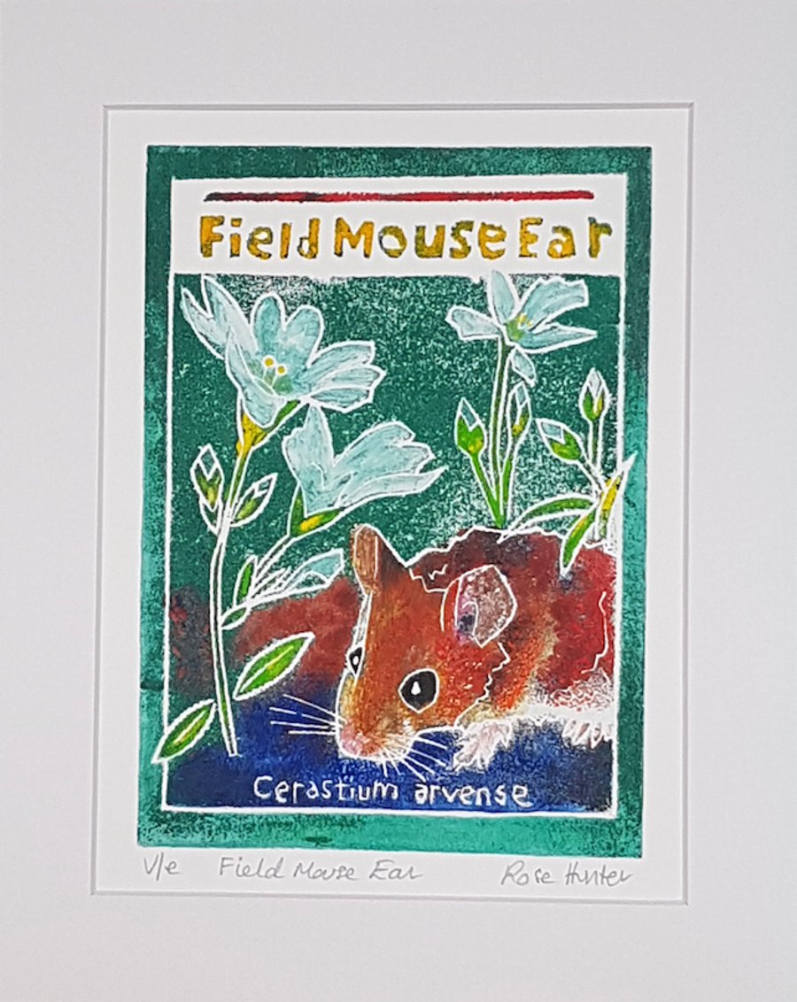 Field Mouse Ear - original hand painted lino print 002