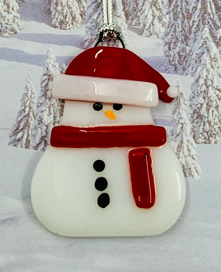 Handmade Fused Glass Snowman Hanging Christmas Decoration 