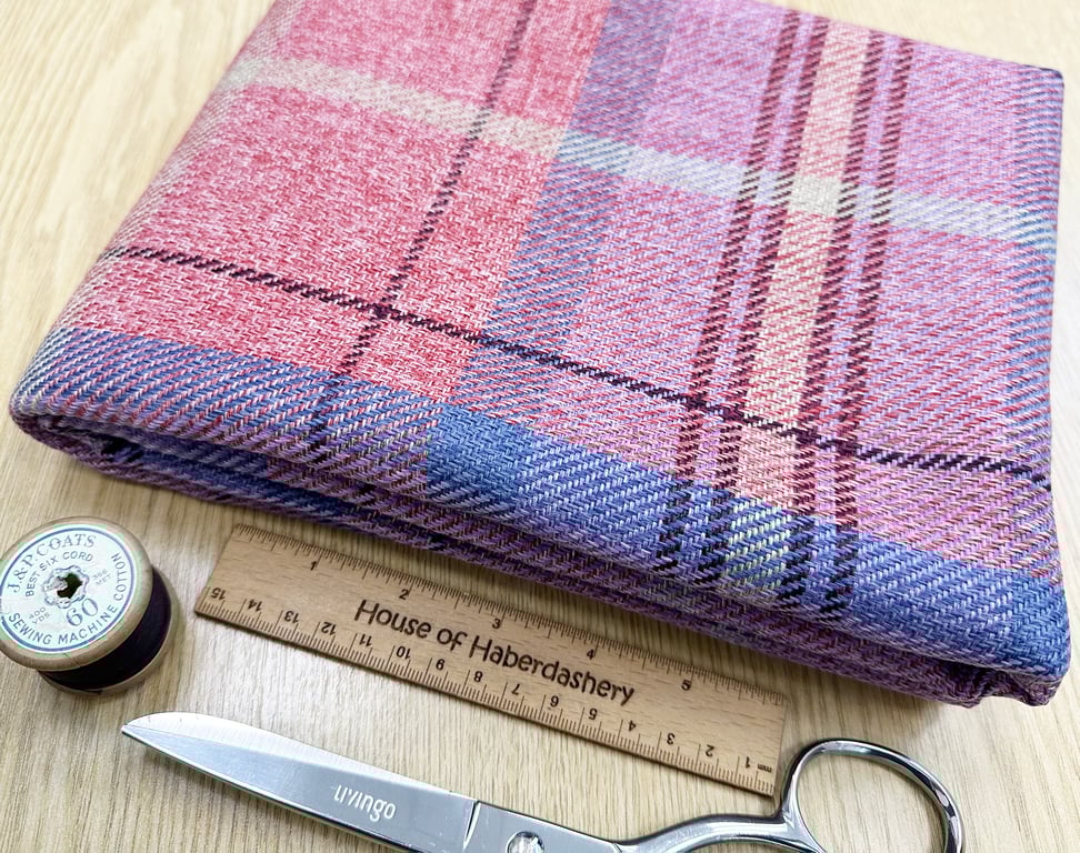 Grampian 'Bichon' Pink & Blue Tartan Check Faux Wool Upholstery Fabric