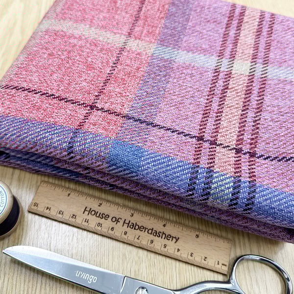 Grampian 'Bichon' Pink & Blue Tartan Check Faux Wool Upholstery Fabric