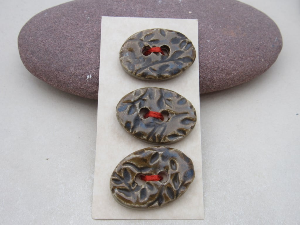 3 Medium Oval Stormy Olive Leaf Pattern Handmade Ceramic Buttons