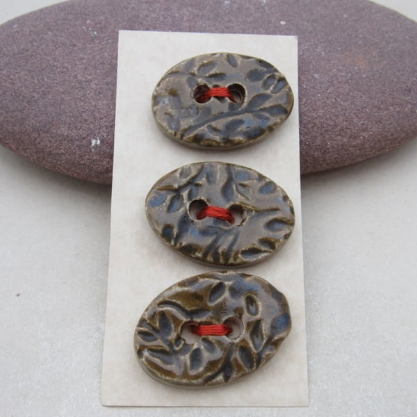 3 Medium Oval Stormy Olive Leaf Pattern Handmade Ceramic Buttons