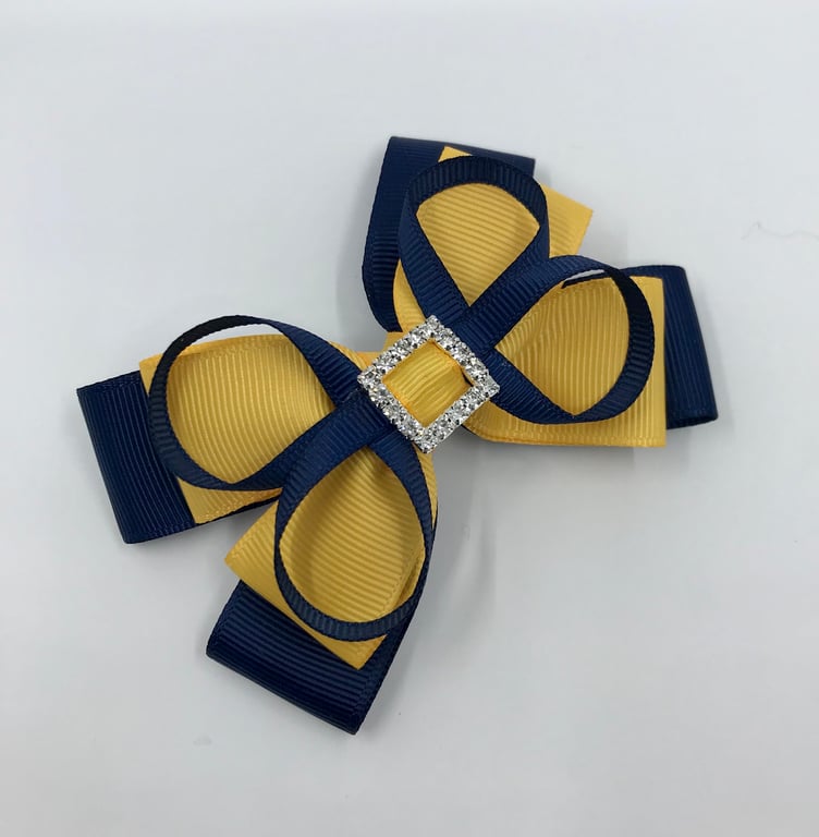 Navy and Yellow Gold Double Layer Bow with Navy Loops on Clip
