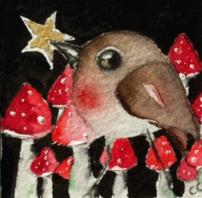 ACEO Original Little Bird Robin with Star and Mushrooms Watercolour 