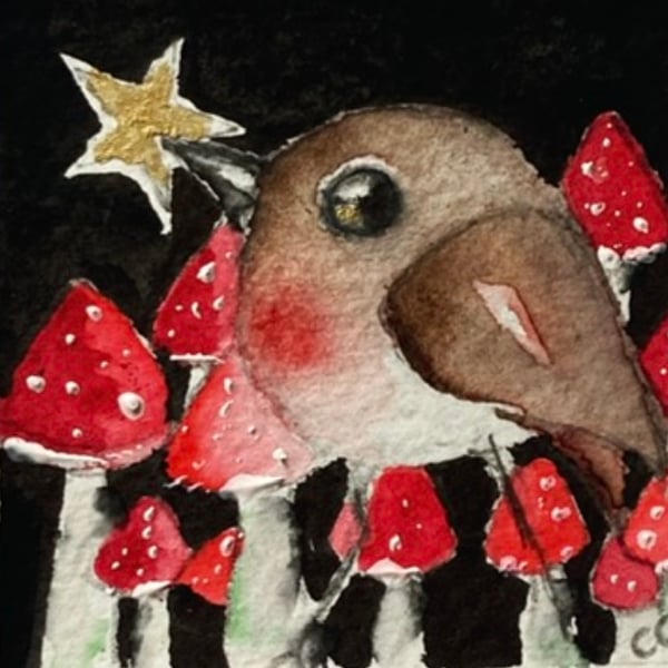 ACEO Original Little Bird Robin with Star and Mushrooms Watercolour 
