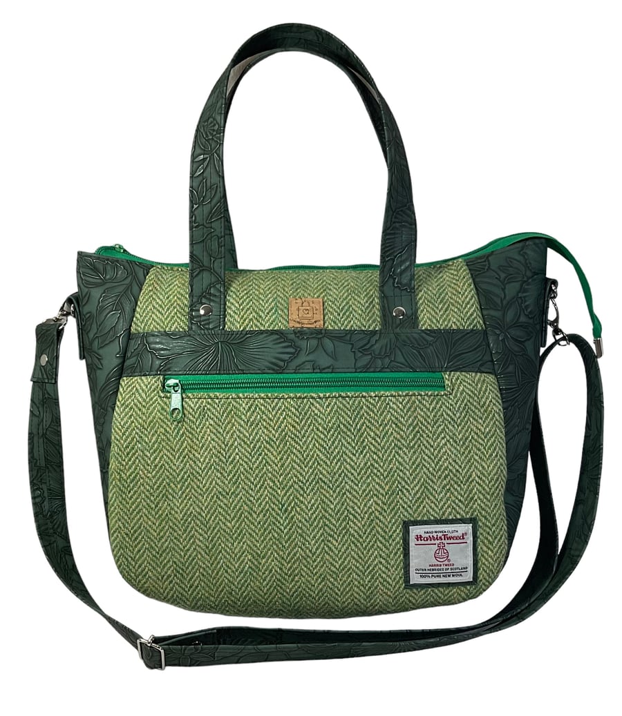 Harris tweed large Crossbody Handbag, green floral faux leather tote