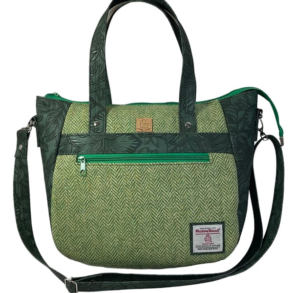 Harris tweed large Crossbody Handbag, green floral faux leather tote