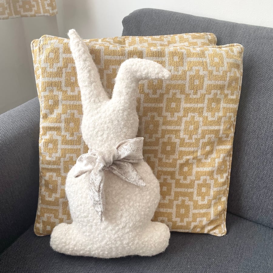 Bouclé Easter Bunny Pillow Soft White Sherpa Bunny Cushion with Velvet Bow