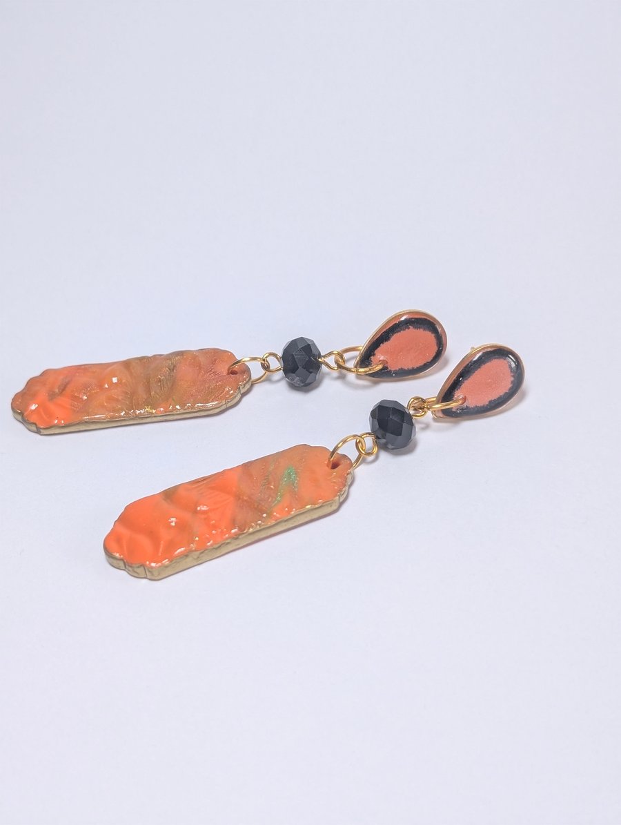 Long textured handmade polymer clay Earrings with black crystal beads 
