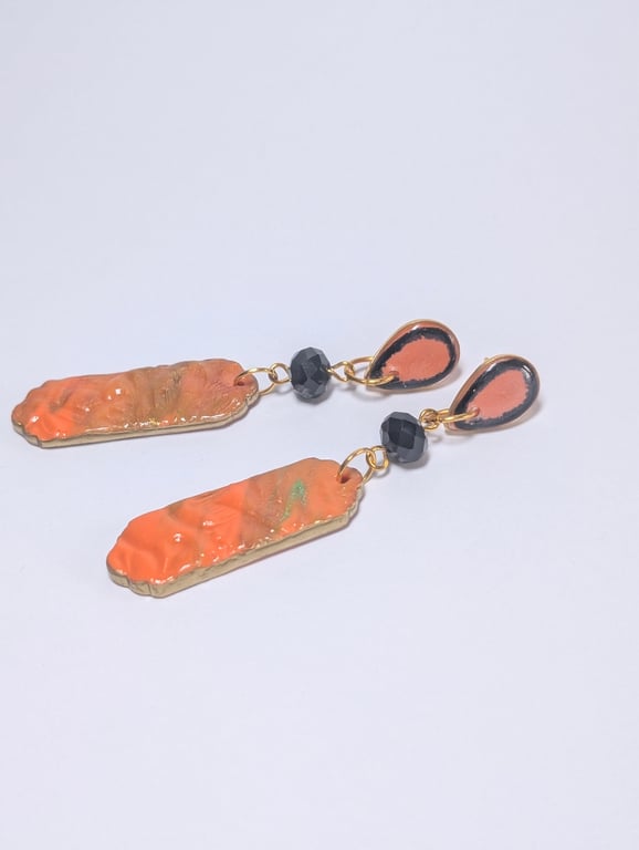 Long textured handmade polymer clay Earrings with black crystal beads 