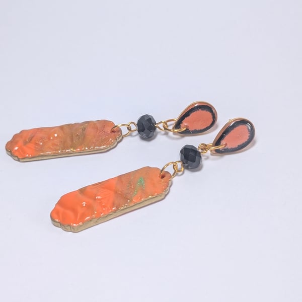 Long textured handmade polymer clay Earrings with black crystal beads 