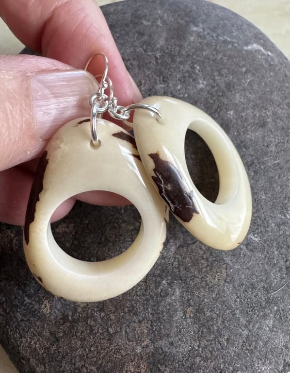 Handmade dangle white hoop tagua nut  earrings