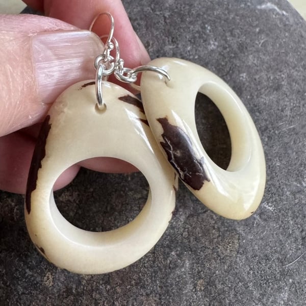 Handmade dangle white hoop tagua nut  earrings